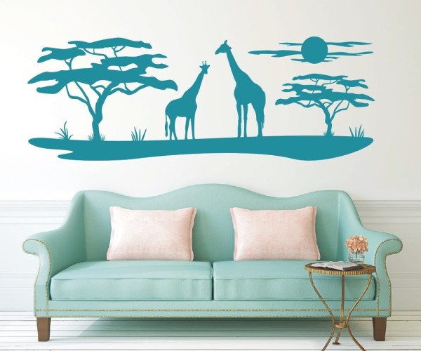 Wandtattoo Savanne von Afrika| Landschaft mit Affenbrotbäumen und 2 Giraffen. | ✔Made in Germany  ✔Kostenloser Versand DE