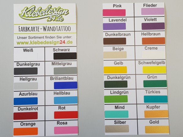 Farbkarte zur Auswahl von unseren Wandtattoofarben | ✔Made in Germany  ✔Kostenloser Versand DE