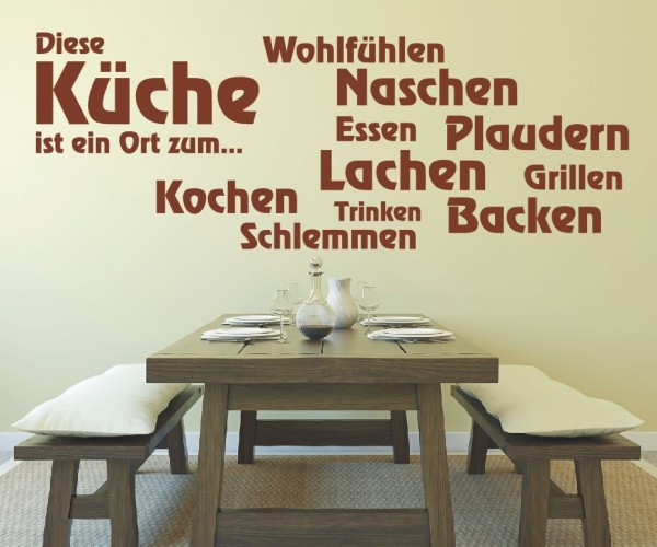 Wandtattoo Spruch | Diese Küche ist ein Ort zum... Wohlfühlen, Naschen, Essen, Plaudern, Lachen, Grillen, Kochen, Trinke | 4 | ✔Made in Germany  ✔Kostenloser Versand DE