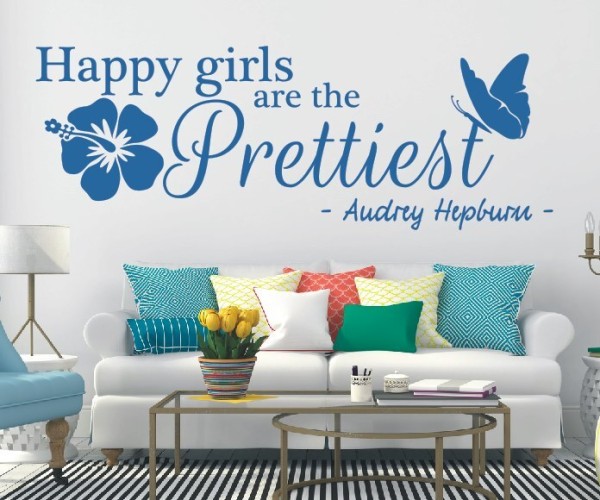 Wandtattoo Spruch | Happy girls are the prettiest - Audrey Hepburn | 2 | Schöne englische Wandsprüche | ✔Made in Germany  ✔Kostenloser Versand DE