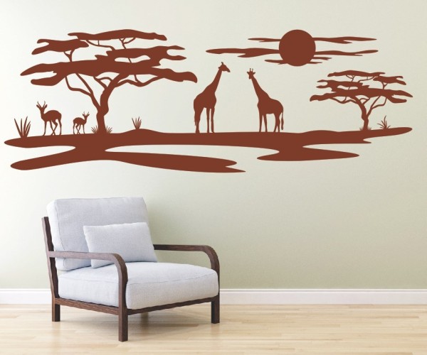 Wandtattoo Savanne von Afrika| Landschaft mit Affenbrotbäumen, Giraffen und Gazellen