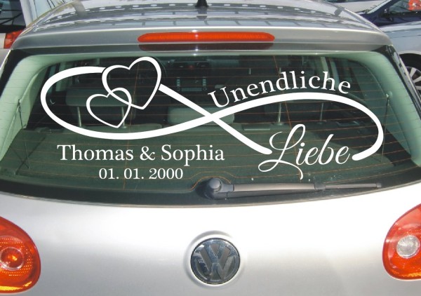 Aufkleber Hochzeit |Unendlich Zeichen mit Herzen | Personalisierbar mit Wunschnamen und Datum als Autoaufkleber | 6 | ✔Made in Germany  ✔Kostenloser Versand DE
