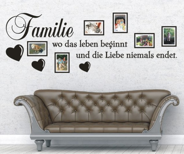 Wandtattoo Spruch | Familie wo das leben beginnt und die Liebe niemals | 1 | Mit Bilderrahmen und Fotoklebepunkten | ✔Made in Germany  ✔Kostenloser Versand DE