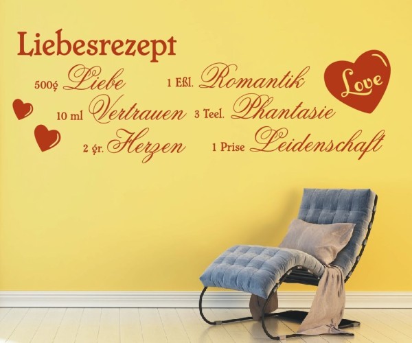 Wandtattoo Spruch | Liebesrezept | 1 | Schöne Wandsprüche für das Schlafzimmer | ✔Made in Germany  ✔Kostenloser Versand DE