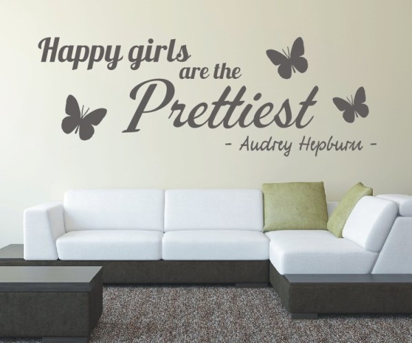 Wandtattoo Spruch | Happy girls are the prettiest - Audrey Hepburn | 3 | Schöne englische Wandsprüche | ✔Made in Germany  ✔Kostenloser Versand DE