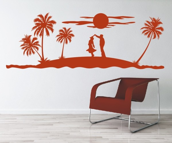 Landschaft Wandtattoo | Eine tropische Insel mit einem tanzendem Paar unter Palmen und der Sonne | ✔Made in Germany  ✔Kostenloser Versand DE
