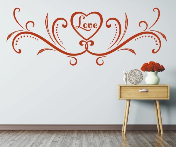 Wandtattoo Ornament | Schöne verschnörkelte dekorative Linien mit Herz und dem Wort Love | 1 | ✔Made in Germany  ✔Kostenloser Versand DE