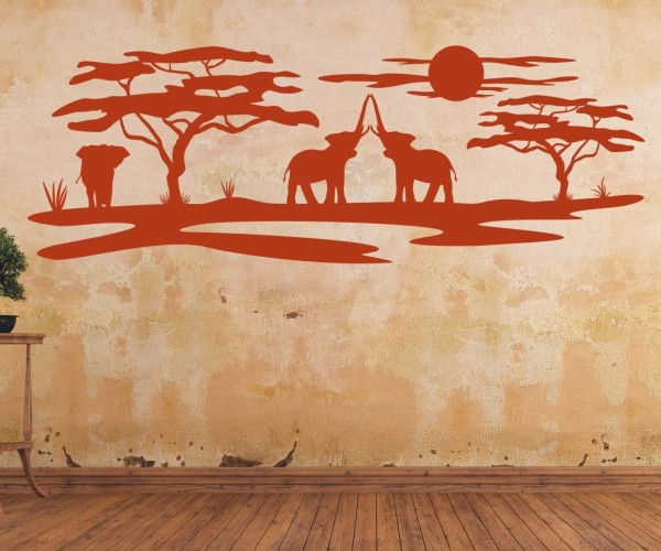 Wandtattoo Savanne von Afrika| Landschaft mit Affenbrotbäumen und mehreren Elefanten.