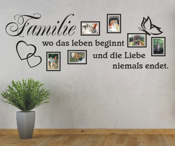 Wandtattoo Spruch | Familie wo das leben beginnt und die Liebe niemals | 3 | Mit Bilderrahmen und Fotoklebepunkten | ✔Made in Germany  ✔Kostenloser Versand DE