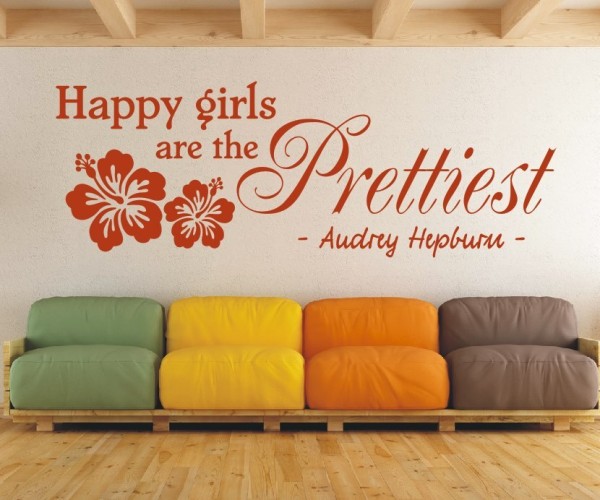 Wandtattoo Spruch | Happy girls are the prettiest - Audrey Hepburn | 5 | Schöne englische Wandsprüche | ✔Made in Germany  ✔Kostenloser Versand DE