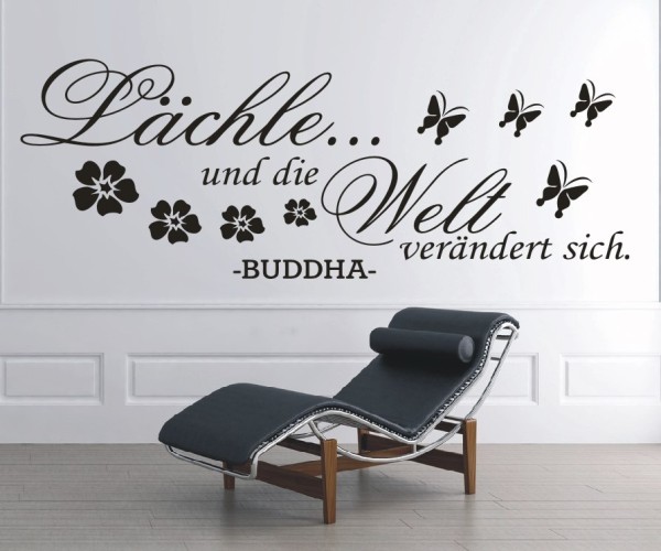 Wandtattoo Spruch | Lächle und die Welt verändert sich. - Buddha mit Blüten & Schmetterlingen| 1