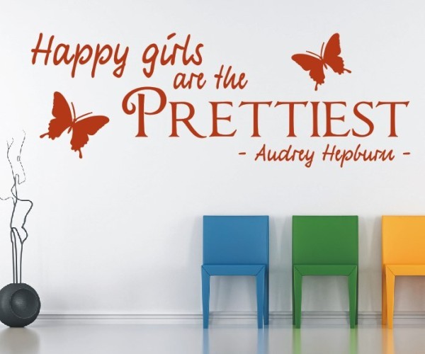 Wandtattoo Spruch | Happy girls are the prettiest - Audrey Hepburn | 4 | Schöne englische Wandsprüche | ✔Made in Germany  ✔Kostenloser Versand DE