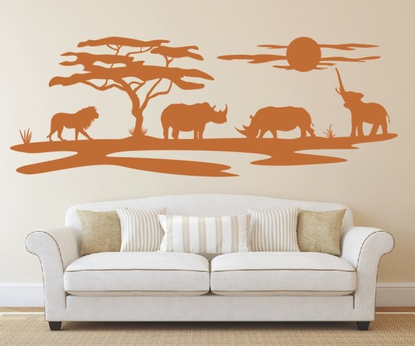 Wandtattoo Savanne von Afrika| Landschaft mit Affenbrotbäumen, Nashörnern, einem Löwen und ein Elefant. | ✔Made in Germany  ✔Kostenloser Versand DE