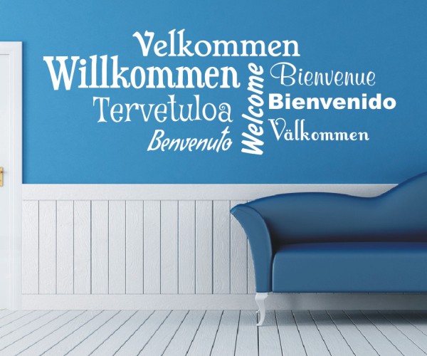 Wandtattoo Spruch | Willkommen, Tervetula, Benvenuto, Bienvenue, Welkom, Välkommen, Velkommen, Welcome, Bienvenido | 5 | ✔Made in Germany  ✔Kostenloser Versand DE