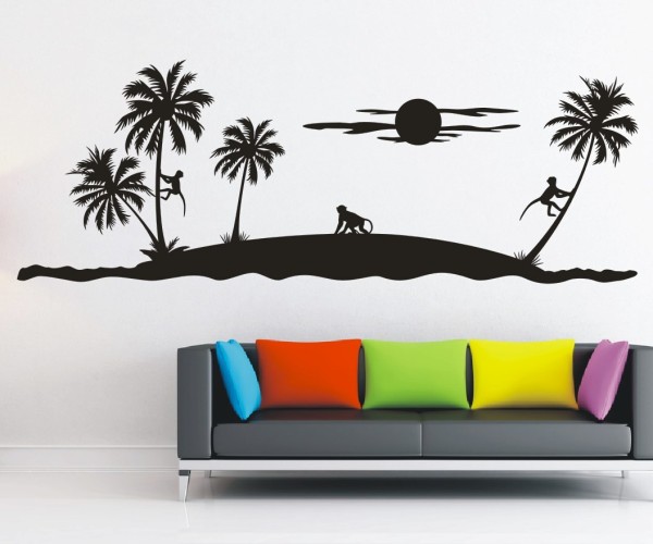 Landschaft Wandtattoo | Eine tropische Insel mit 3 Affen unter Palmen und der Sonne
