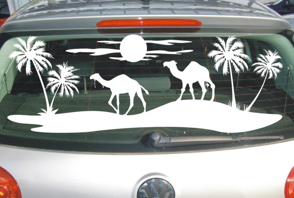 Aufkleber mit Landschaft in der Wüste | Kamele laufen in der Sonne unter Palmen. | ✔Made in Germany  ✔Kostenloser Versand DE