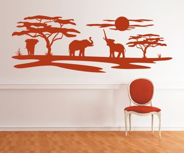Wandtattoo Savanne von Afrika| Landschaft mit Affenbrotbäumen und Elefanten in der Sonne.
